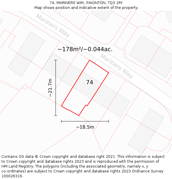 74, MARINERS WAY, PAIGNTON, TQ3 1RY: Plot and title map