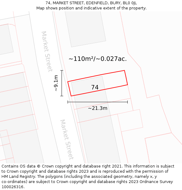 74, MARKET STREET, EDENFIELD, BURY, BL0 0JL: Plot and title map