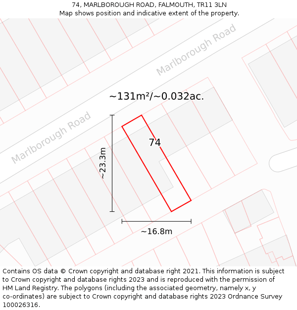 74, MARLBOROUGH ROAD, FALMOUTH, TR11 3LN: Plot and title map
