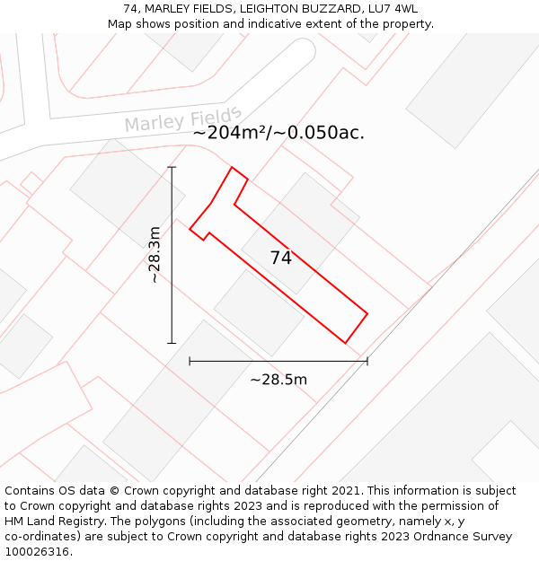 74, MARLEY FIELDS, LEIGHTON BUZZARD, LU7 4WL: Plot and title map