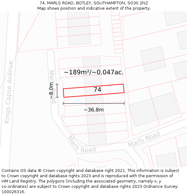 74, MARLS ROAD, BOTLEY, SOUTHAMPTON, SO30 2NZ: Plot and title map