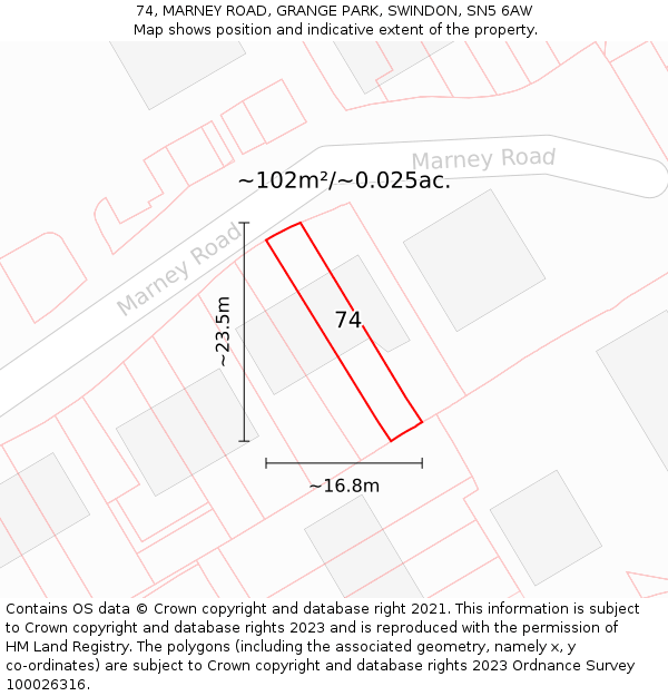 74, MARNEY ROAD, GRANGE PARK, SWINDON, SN5 6AW: Plot and title map