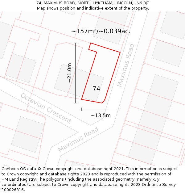 74, MAXIMUS ROAD, NORTH HYKEHAM, LINCOLN, LN6 8JT: Plot and title map