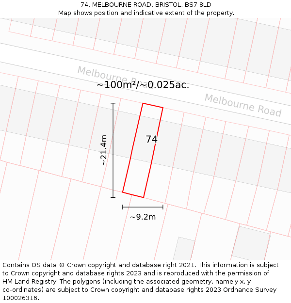 74, MELBOURNE ROAD, BRISTOL, BS7 8LD: Plot and title map