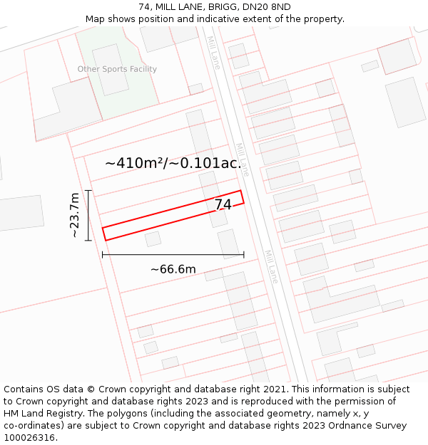 74, MILL LANE, BRIGG, DN20 8ND: Plot and title map