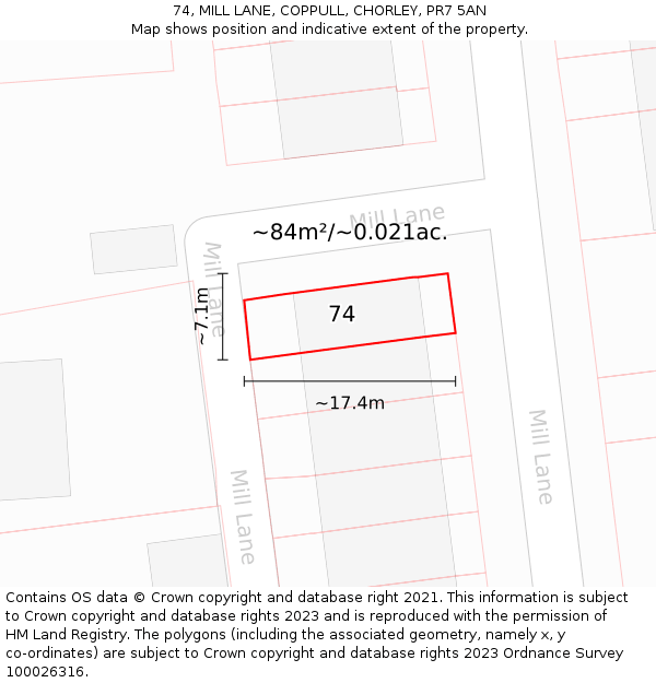 74, MILL LANE, COPPULL, CHORLEY, PR7 5AN: Plot and title map
