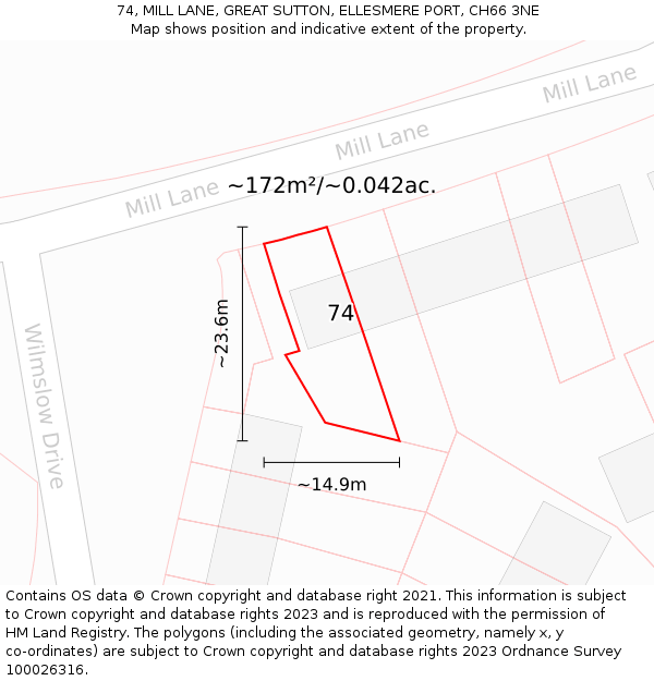 74, MILL LANE, GREAT SUTTON, ELLESMERE PORT, CH66 3NE: Plot and title map