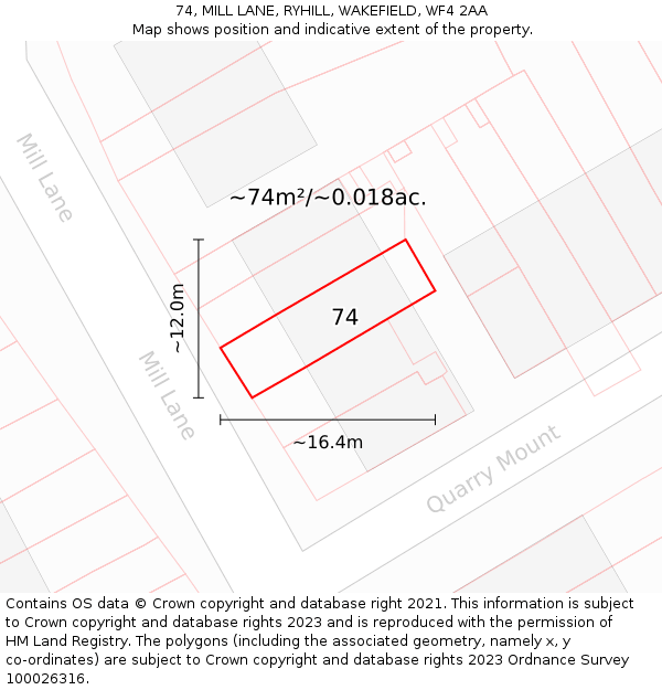 74, MILL LANE, RYHILL, WAKEFIELD, WF4 2AA: Plot and title map