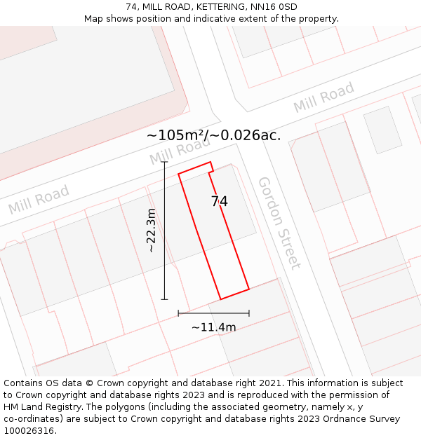 74, MILL ROAD, KETTERING, NN16 0SD: Plot and title map