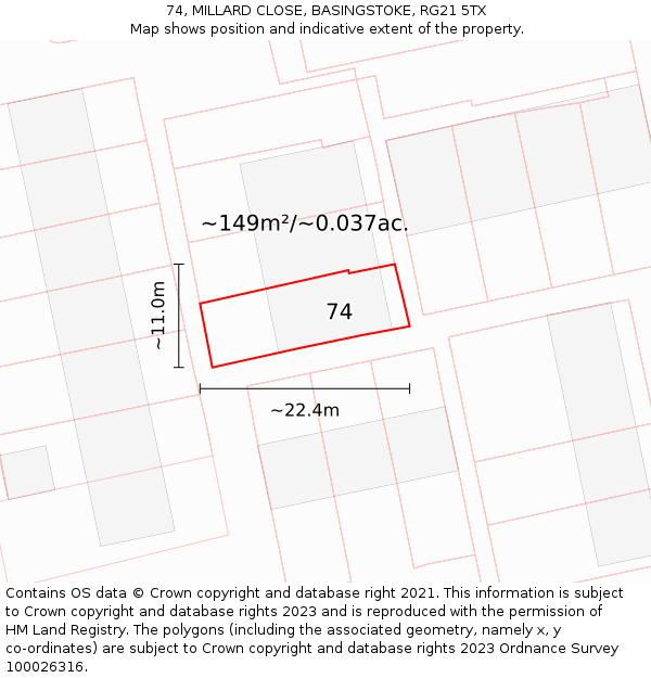 74, MILLARD CLOSE, BASINGSTOKE, RG21 5TX: Plot and title map