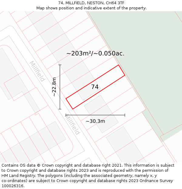 74, MILLFIELD, NESTON, CH64 3TF: Plot and title map