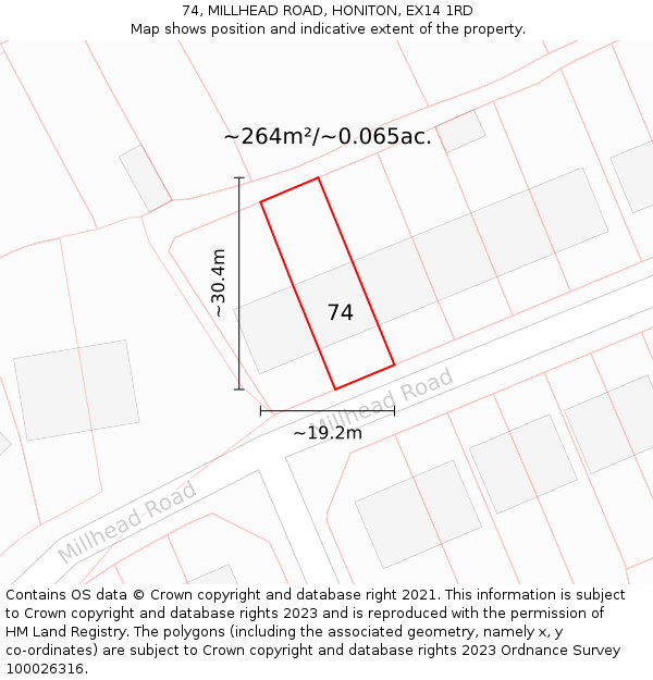 74, MILLHEAD ROAD, HONITON, EX14 1RD: Plot and title map