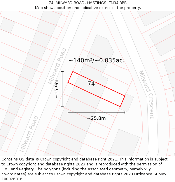 74, MILWARD ROAD, HASTINGS, TN34 3RR: Plot and title map