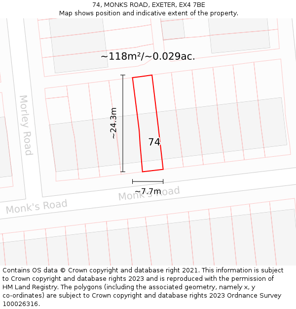 74, MONKS ROAD, EXETER, EX4 7BE: Plot and title map