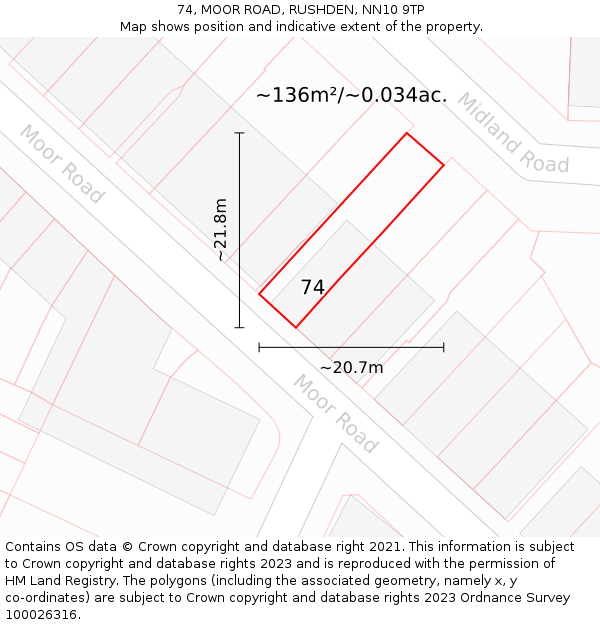 74, MOOR ROAD, RUSHDEN, NN10 9TP: Plot and title map