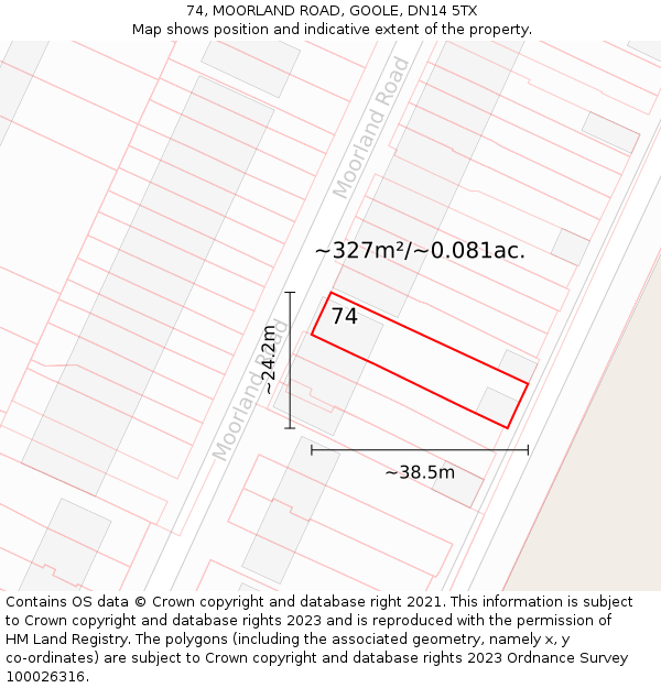 74, MOORLAND ROAD, GOOLE, DN14 5TX: Plot and title map