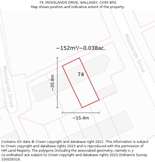 74, MOSSLANDS DRIVE, WALLASEY, CH45 8PQ: Plot and title map