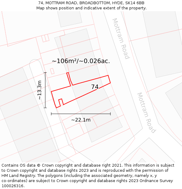 74, MOTTRAM ROAD, BROADBOTTOM, HYDE, SK14 6BB: Plot and title map