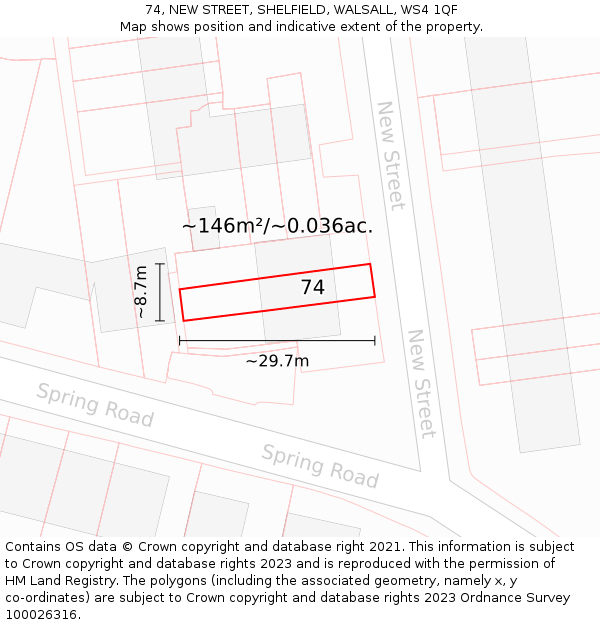 74, NEW STREET, SHELFIELD, WALSALL, WS4 1QF: Plot and title map