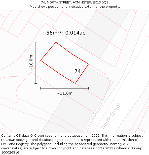 74, NORTH STREET, AXMINSTER, EX13 5QS: Plot and title map