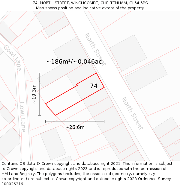 74, NORTH STREET, WINCHCOMBE, CHELTENHAM, GL54 5PS: Plot and title map