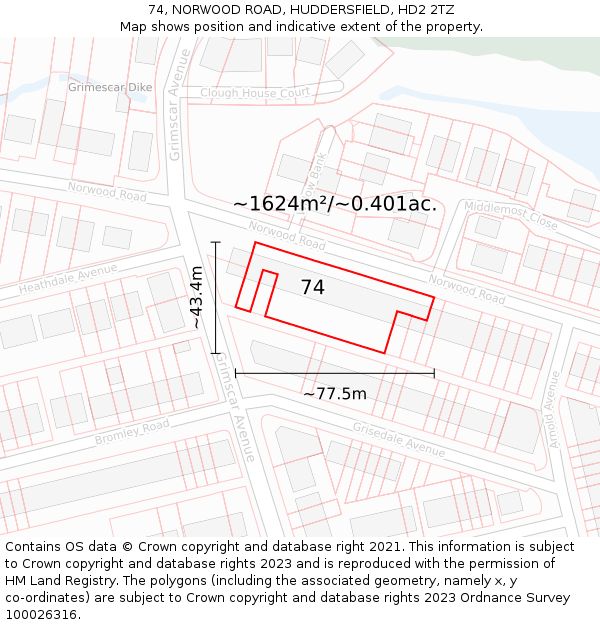 74, NORWOOD ROAD, HUDDERSFIELD, HD2 2TZ: Plot and title map