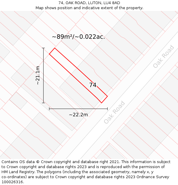 74, OAK ROAD, LUTON, LU4 8AD: Plot and title map