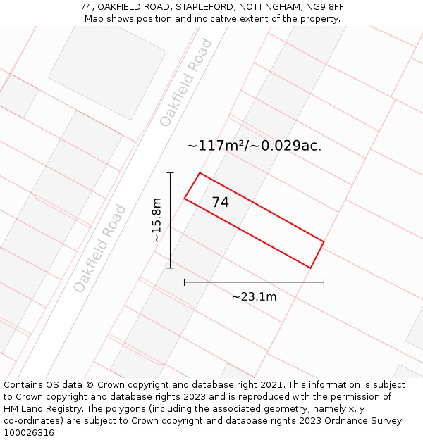74, OAKFIELD ROAD, STAPLEFORD, NOTTINGHAM, NG9 8FF: Plot and title map