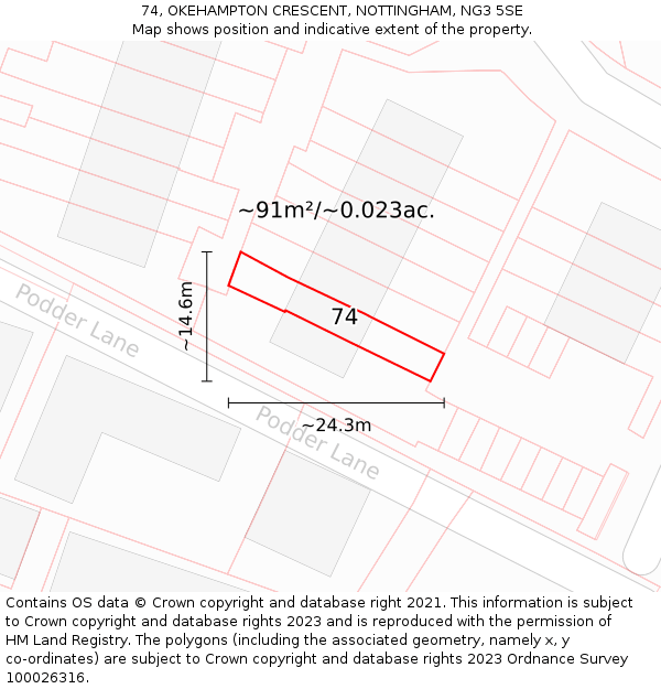 74, OKEHAMPTON CRESCENT, NOTTINGHAM, NG3 5SE: Plot and title map
