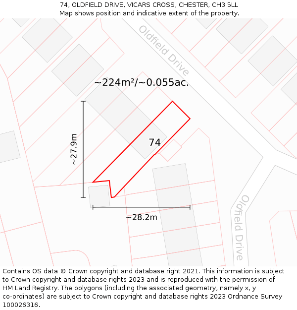 74, OLDFIELD DRIVE, VICARS CROSS, CHESTER, CH3 5LL: Plot and title map