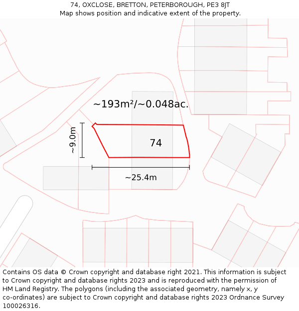 74, OXCLOSE, BRETTON, PETERBOROUGH, PE3 8JT: Plot and title map