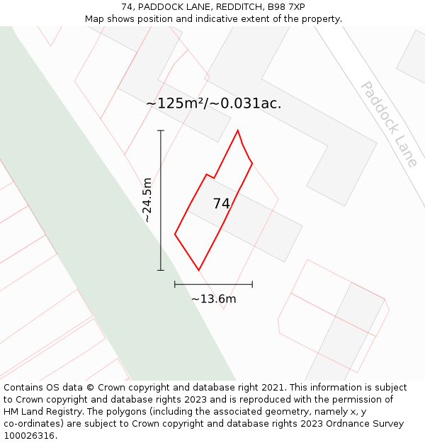 74, PADDOCK LANE, REDDITCH, B98 7XP: Plot and title map
