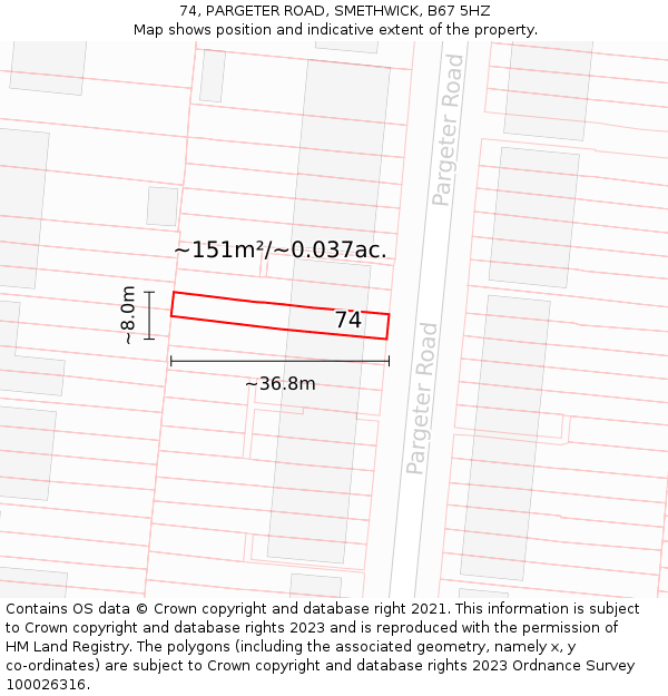 74, PARGETER ROAD, SMETHWICK, B67 5HZ: Plot and title map