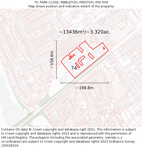 74, PARK CLOSE, RIBBLETON, PRESTON, PR2 6YW: Plot and title map
