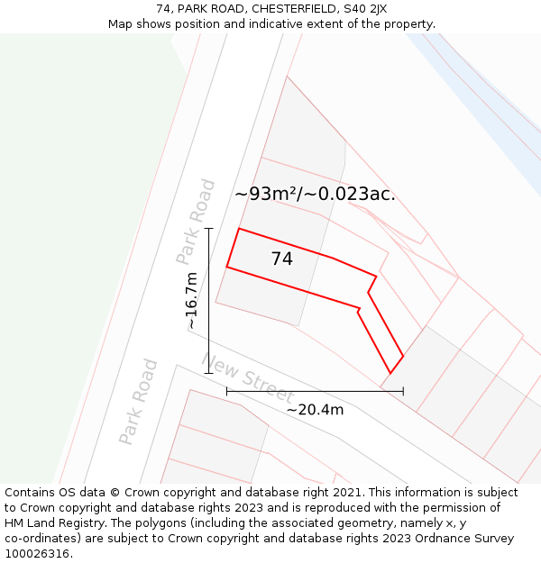 74, PARK ROAD, CHESTERFIELD, S40 2JX: Plot and title map