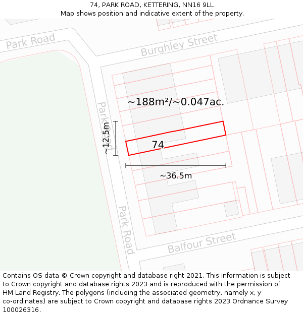 74, PARK ROAD, KETTERING, NN16 9LL: Plot and title map