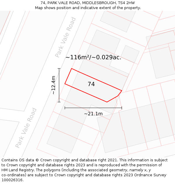 74, PARK VALE ROAD, MIDDLESBROUGH, TS4 2HW: Plot and title map