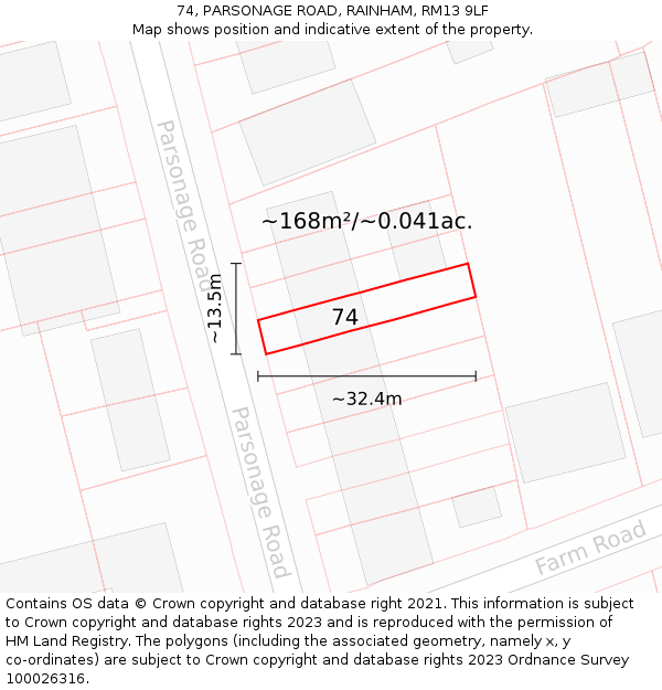 74, PARSONAGE ROAD, RAINHAM, RM13 9LF: Plot and title map