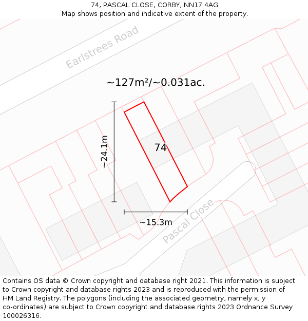 74, PASCAL CLOSE, CORBY, NN17 4AG: Plot and title map