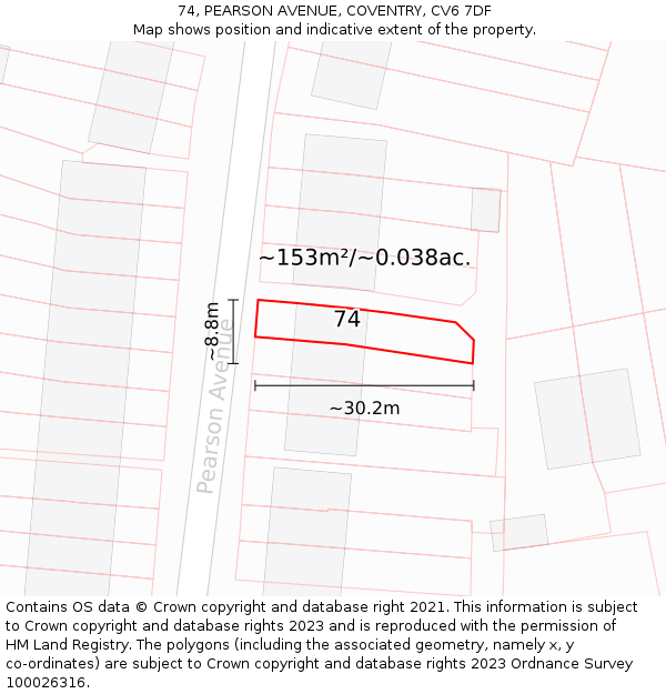 74, PEARSON AVENUE, COVENTRY, CV6 7DF: Plot and title map