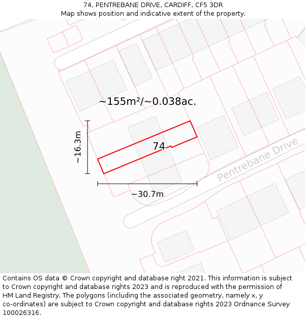 74, PENTREBANE DRIVE, CARDIFF, CF5 3DR: Plot and title map