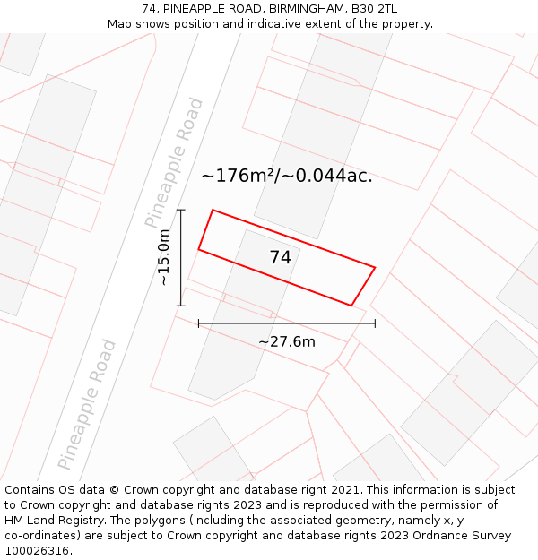 74, PINEAPPLE ROAD, BIRMINGHAM, B30 2TL: Plot and title map