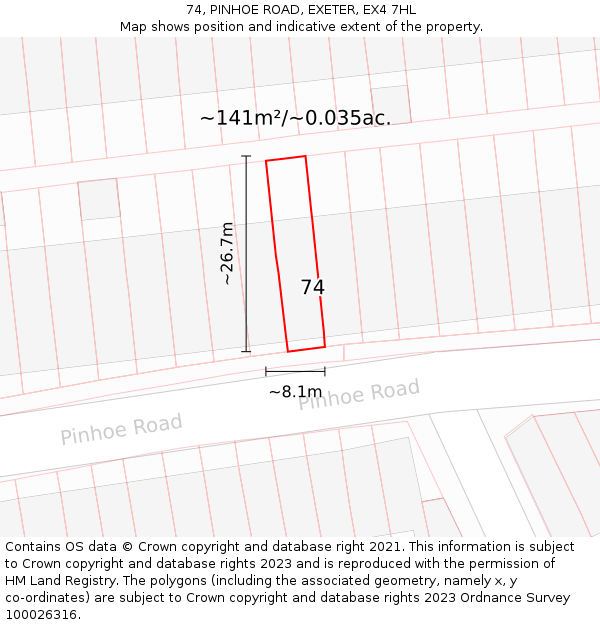 74, PINHOE ROAD, EXETER, EX4 7HL: Plot and title map