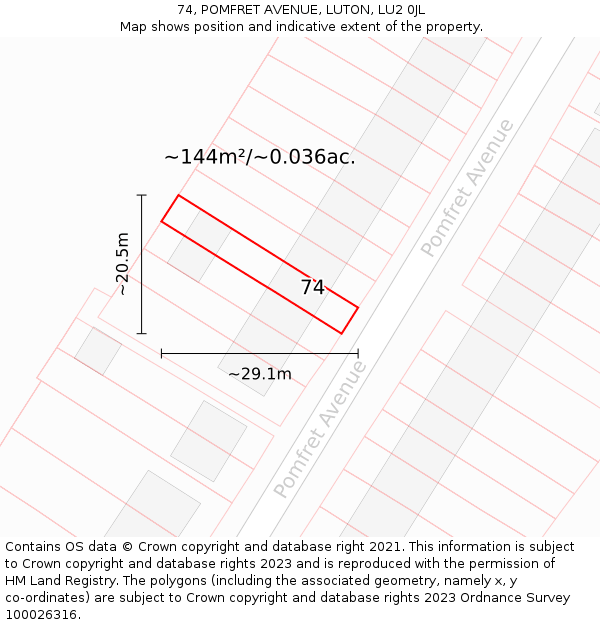 74, POMFRET AVENUE, LUTON, LU2 0JL: Plot and title map