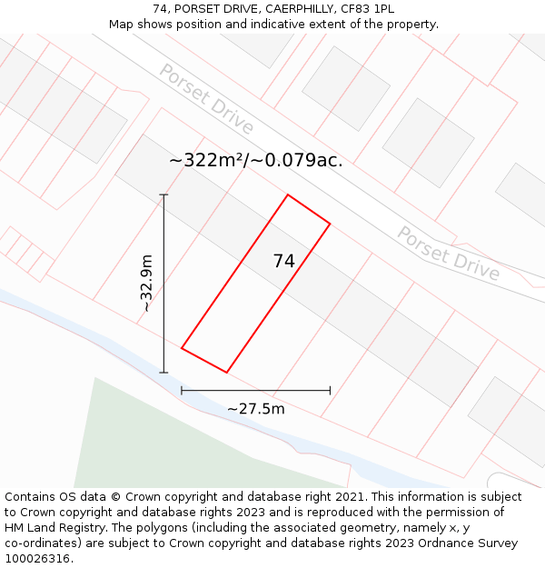 74, PORSET DRIVE, CAERPHILLY, CF83 1PL: Plot and title map