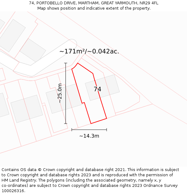 74, PORTOBELLO DRIVE, MARTHAM, GREAT YARMOUTH, NR29 4FL: Plot and title map
