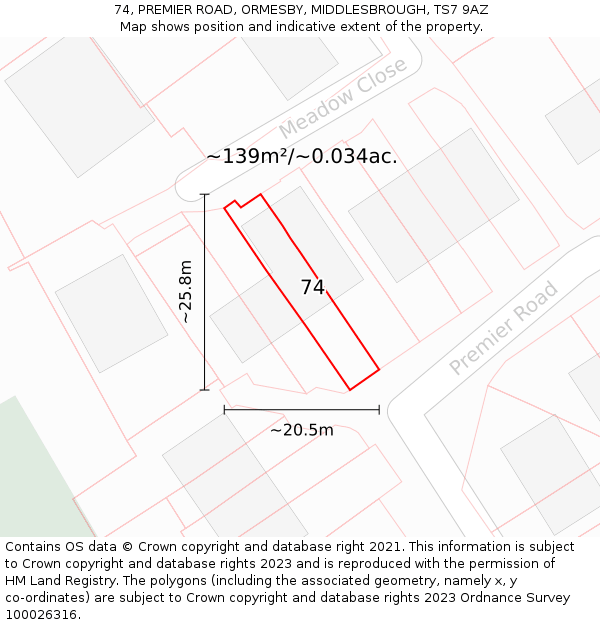 74, PREMIER ROAD, ORMESBY, MIDDLESBROUGH, TS7 9AZ: Plot and title map