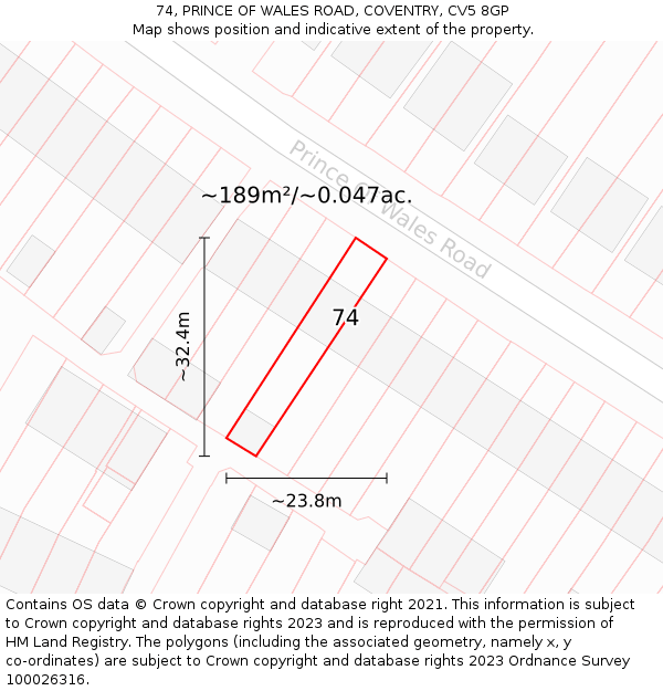 74, PRINCE OF WALES ROAD, COVENTRY, CV5 8GP: Plot and title map