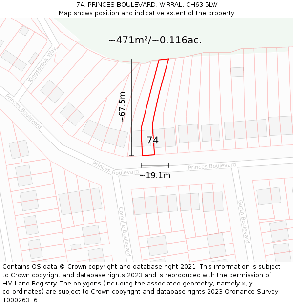 74, PRINCES BOULEVARD, WIRRAL, CH63 5LW: Plot and title map