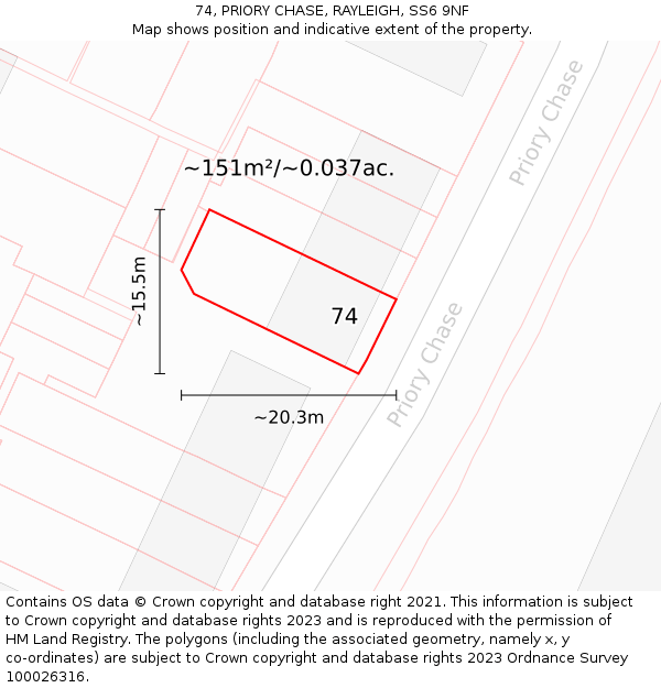 74, PRIORY CHASE, RAYLEIGH, SS6 9NF: Plot and title map